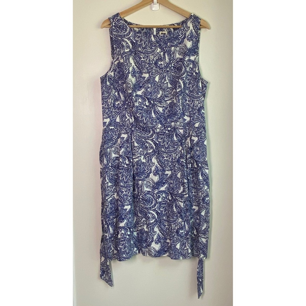 Anne Klein Paisley Sheath Dress Womens 14 Blue Linen Blend Sleeveless Classic
